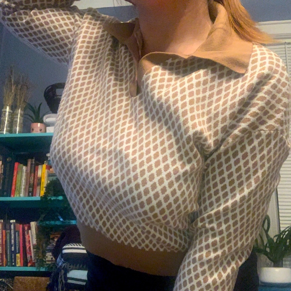 T Tahari collar polo sweater, golden amber and white, size XL - thick and warm